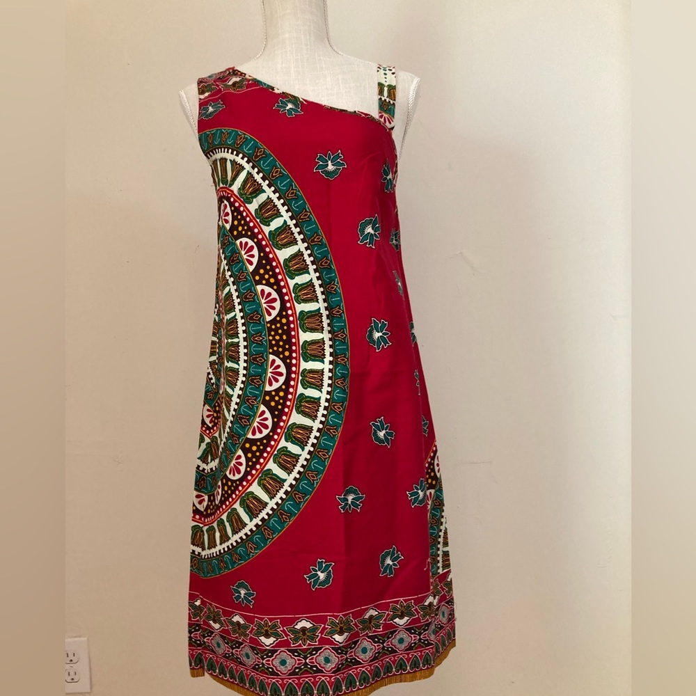 Hand tailored crimson print cocktail or casual dress